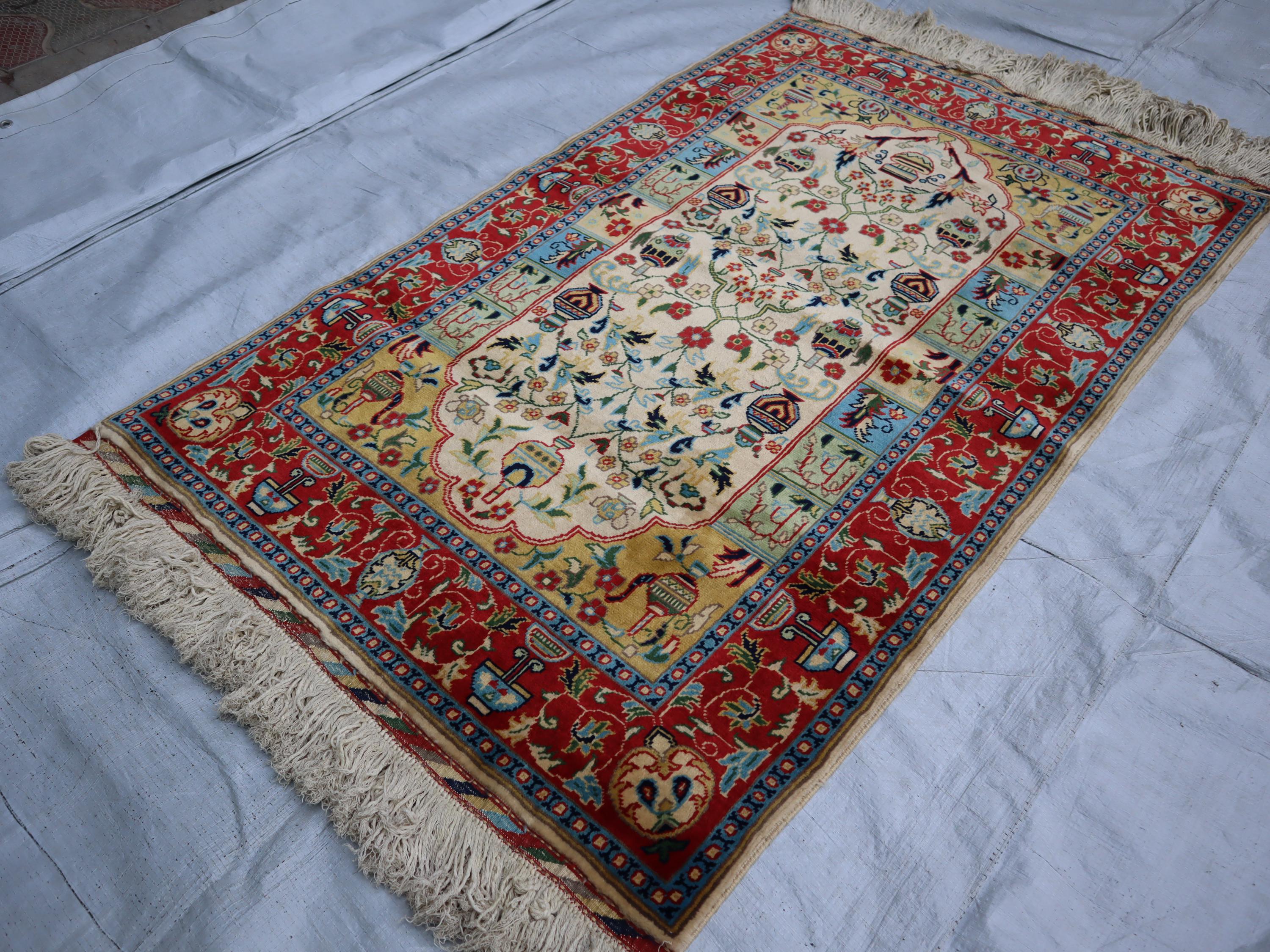 3x5 ハンドメイド ベージュレッドラグ、小さなアフガニスタン