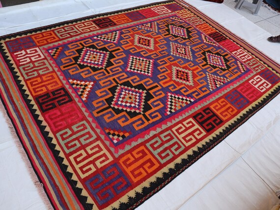 1920s Antique Afghan rug 7x10 ft, Turkmen Flatweave Kilim Rug Orange Purple Red Vintage Rug for Living Room, Nomadic Tribal Area Rug, dining