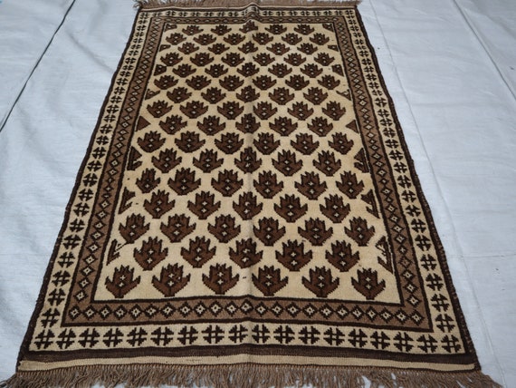3x5 ft Afghan Vintage Rug, Beige Brown Turkmen Caucasian, Baluchi 1920s Antique Soft Pile Wool, Small One of a Kind Accent Handmade Area Rug