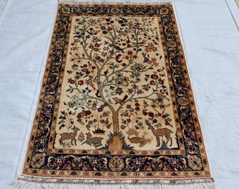 3x5 Beige Blue Tree of Life rug, Afghan Pictorial Animal Plants wool rugs, Oriental Accent Persian Turkish, Small Unique Living room rug