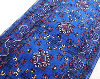 Blue 2x5 Afghan Bukhara runner rug, Handmade wool rug, Turkmen 5 ft Runner Rug, Khal Mohammadi Rug, Oriental Floor, Kitchen, Hallway runner