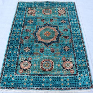 3x4 Turquoise Ink Blue Mamluk Rug - Fine Hand knotted Natural Veg Dye wool Turkish Rug - Rugs for Living room - Bedroom rug - 3&#39;5&quot;x4&#39;8&quot;