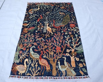 2'10x 5 Tree of Life rug, Wool Gabbeh Rug, Beige Plant Handknotted Afghan Traditional, Small Rug For Living Room Oriental Office Home Décor