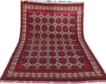 5x7 Handmade Afghan Wool Rug, Red Tribal Ersari Bokhara Medallion, Oriental Turkish carpet, Fine knotted Bedroom Living room,Gift home décor