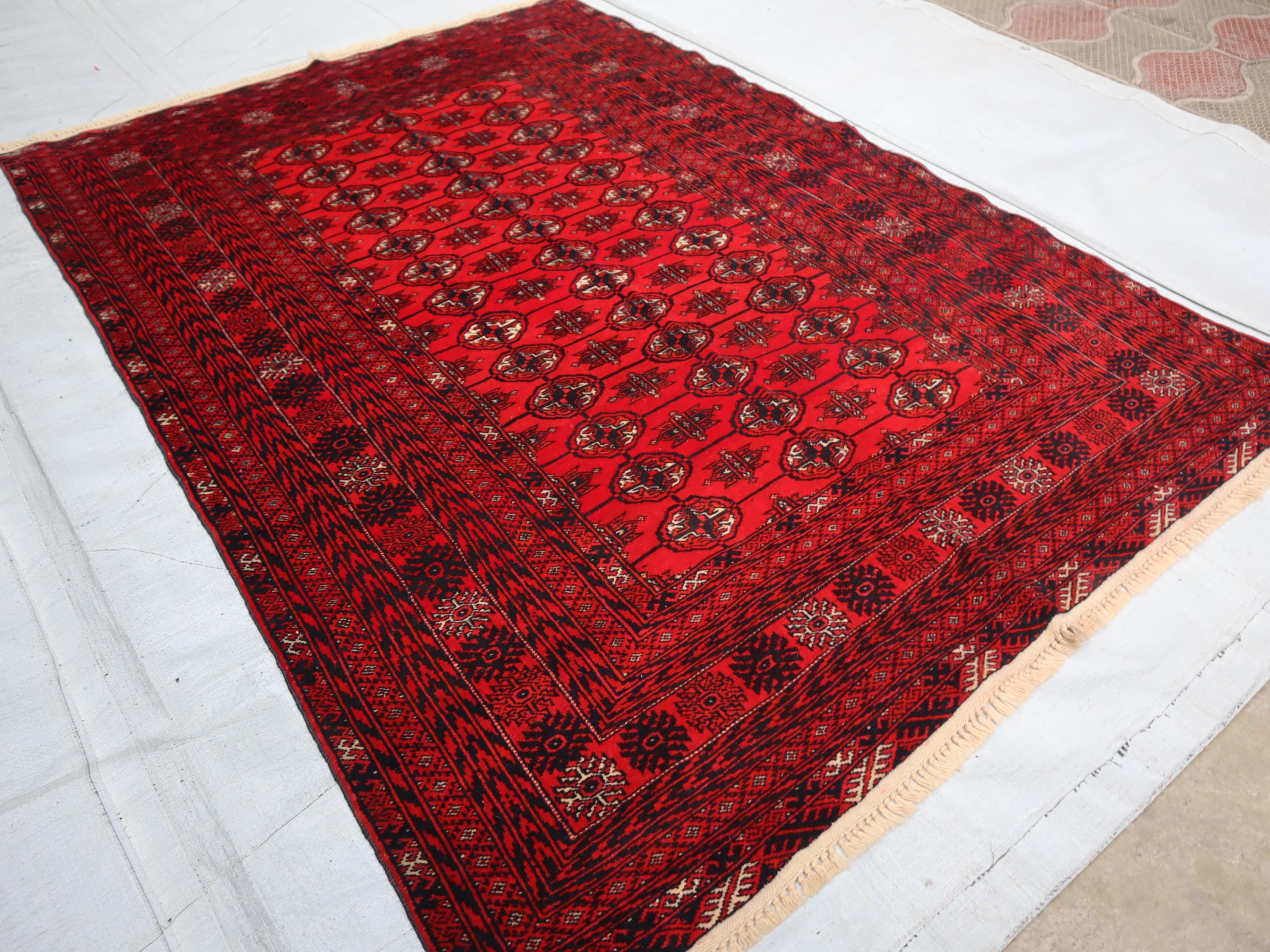 4x6 Ft Afghan Vintage Rug, Handmade Turkmen Tribal Tekke Ethnic
