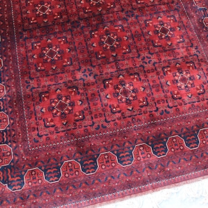 Hand Knotted Afghan Area Rug: 5x7 Red Belgic Rug, Vegetable Dye Wool