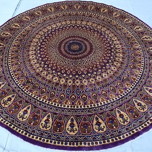8 ft round rug, Afghan Purple round rug 8x8, Large Colorful round carpet, Circle rug, Area Rugs for living room, medallion Peacock feathers