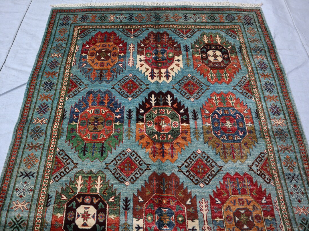 Waziri Rug 5x6 Blue Waziri Area Rug - Afghan Persian Style Hand Knotted Colorful ...