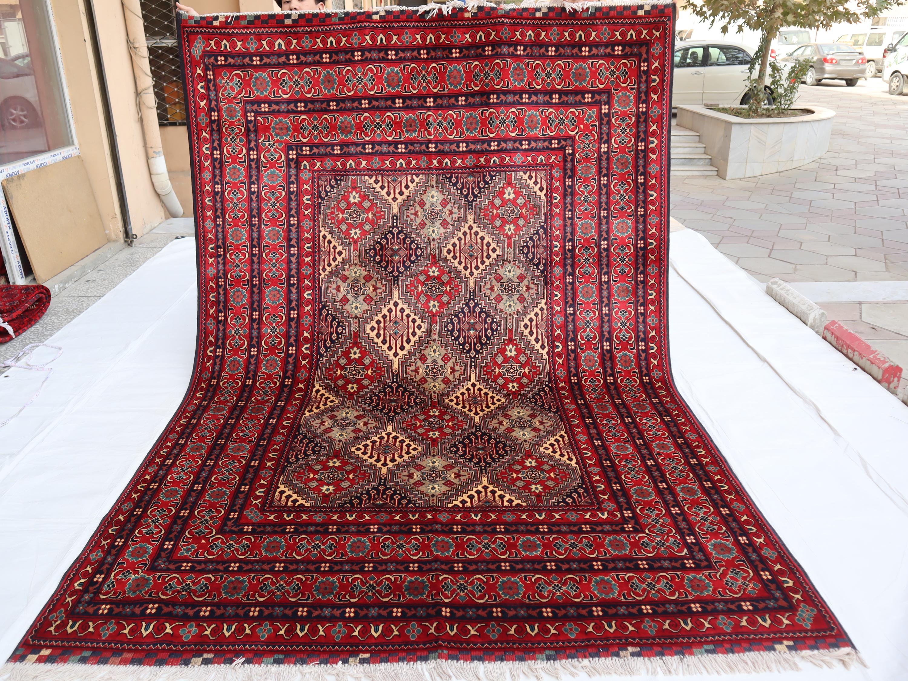 6x9 ピンクラグ、手織りのアフガニスタンオリエンタルレッドブルー