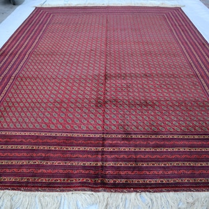 9x12 Handmade Bokhara Rug, Turkmen Afghan Tribal Fine Quality, Large Handwoven Red, Belgic Wool Rug, Home Décor, Living Room Turkish Carpet