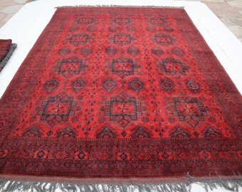 8x11 Hand-Knotted Afghan Bokhara Rug: Terracotta Red, Purple, and Blue
