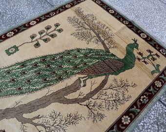 Alfombra pictórica afgana de 3.10x5.10, tejido turcomano hecho a mano, diseño de pavo real beige verde, decoración de arte de pared, alfombra de lana para niños de sala de estar de pila alta suave