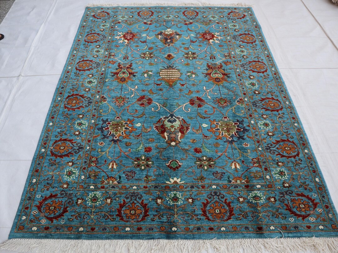 5x7 Blue Gabbeh Rug, Afghan Hand Knotted Turquoise Bidjar Vegetable ...