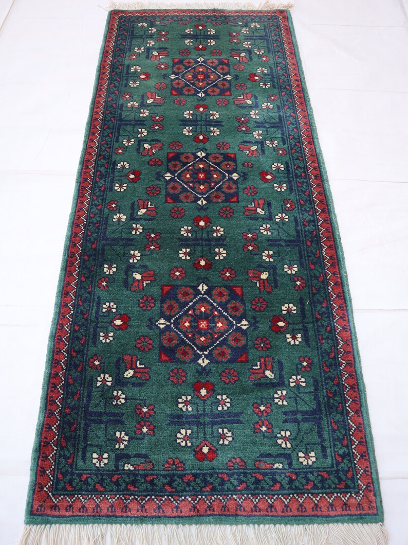 Pu&ograve; includere: Un tappeto da corridoio verde con un designo persiano tradizionale. Il tappeto ha un bordo rosso e intricati motivi floreali in tonalit&agrave; di rosso, blu e crema.