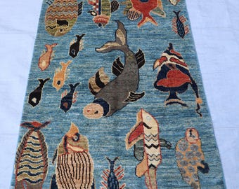 2x4 ft Blue Fishes Rug, Colorful Premium Hand Knotted Modern Pictorial Rug, Natural Veg dye Wool Rug, Afghan Inspired Brand New Home Decor