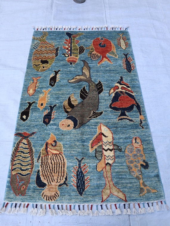 2x4 ft Blue Fishes Rug, Colorful Premium Hand Knotted Modern Pictorial Rug, Natural Veg dye Wool Rug, Afghan Inspired Brand New Home Decor