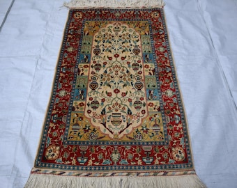 3x5 ハンドメイド ベージュレッドラグ、小さなアフガニスタン