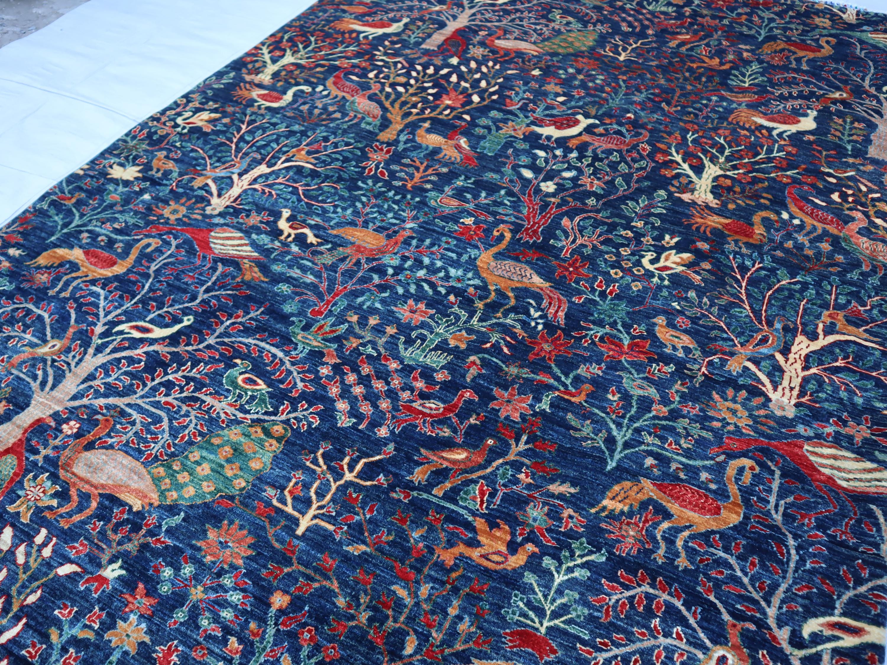 7x12 Rug 7x12 Navy Blue Tree of Life Rug, Fine Handmade Pictorial Rug, Turkmen ...