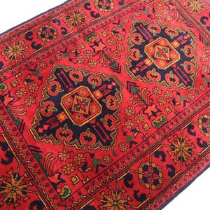 Red 3x4 ft Afghan Hand knotted Wool rug, Turkmen Tribal Bukhara rug, Area Khal Muhammadi rug, Bedroom, Kitchen, Door mat, Office carpet