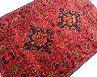 Red 3x4 ft Afghan Hand knotted Wool rug, Turkmen Tribal Bukhara rug, Area Khal Muhammadi rug, Bedroom, Kitchen, Door mat, Office carpet
