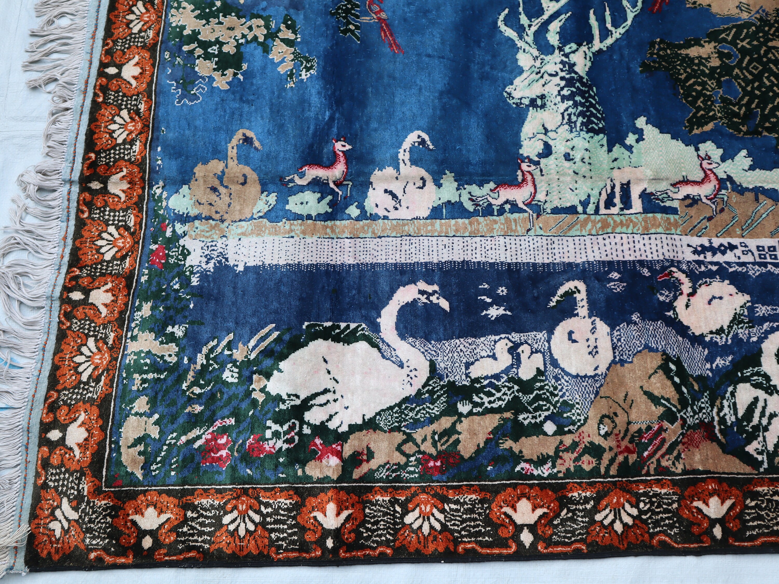 3x6 アフガニスタン絵画シルクラグ、手織りブルーベージュ鳥動物風景