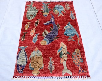2x4 ft Red Fishes Rug, Colorful Premium Hand Knotted Modern Pictorial Rug, Natural Veg dye Wool Rug, Afghan Inspired Brand New Home Decor