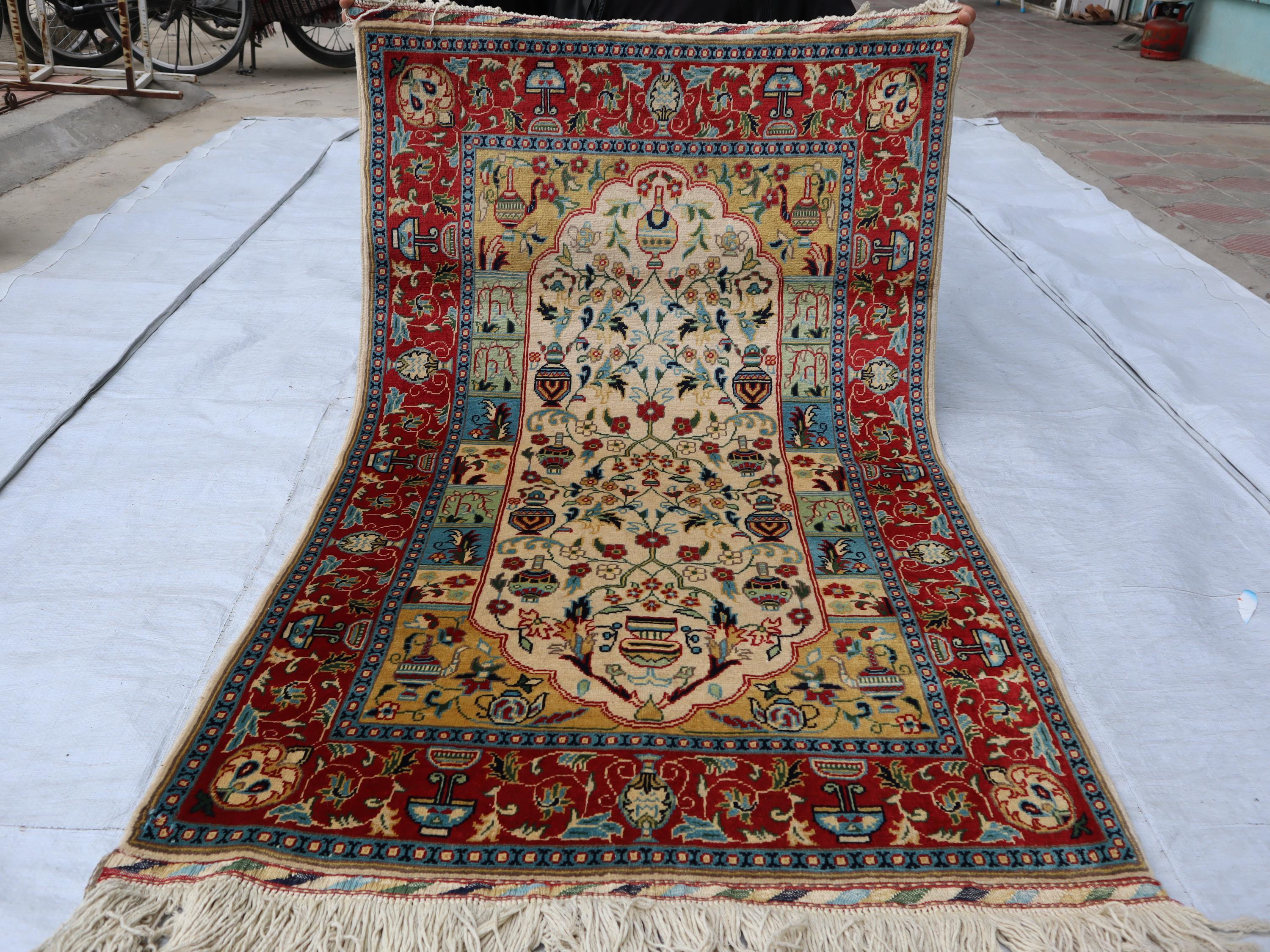 3x5 ハンドメイド ベージュレッドラグ、小さなアフガニスタン