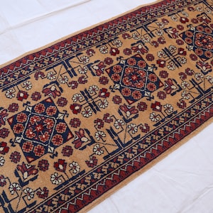 5 ft Runner Rug- Afghan Handmade Vintage 2x10 Runner Rug - Oriental Bukhara Rug - Turkmen Tribal Beige Red Rug, Kitchen Runner Floor Runner