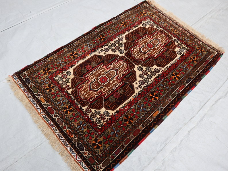 2 x 4 fot antik matta, afghansk handknuten ullmatta, turkmensk 3x5 vintagematta, heminredningsmatta, tribal orientalisk matta, sovrums-vardagsrumsmatta bild 5
