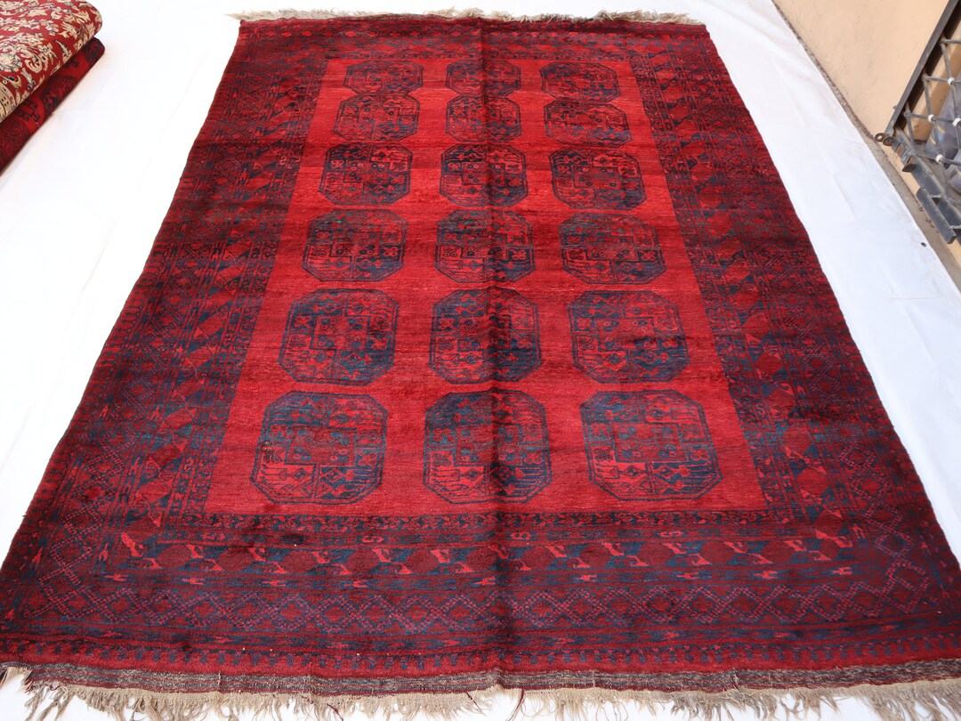 1970s Antique Ersari 8x10 Rug, Vintage Red Blue Rug Afghan Hand Knotted ...