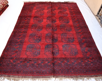 1960s Antique Ersari Rug 8x10, Vintage Red Blue Afghan Hand Knotted Wool, Elephant foot Tribal Rug, Oriental Area Rug, Living Room Carpet