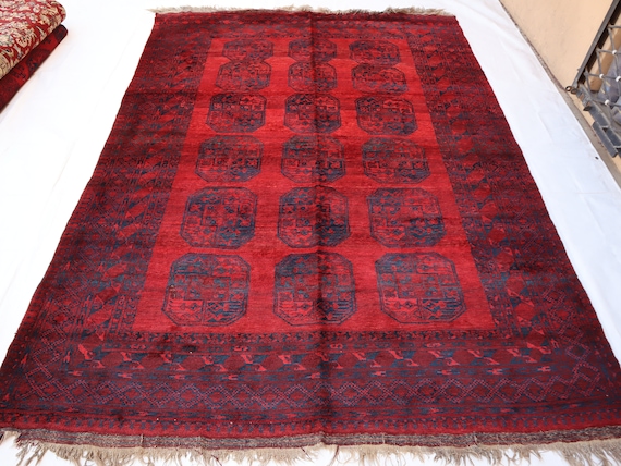 1970s Antique Ersari 8x10 rug, Vintage Red Blue rug Afghan Hand Knotted Wool rug, Elephant foot Tribal Oriental Area Rug, Living Room Carpet