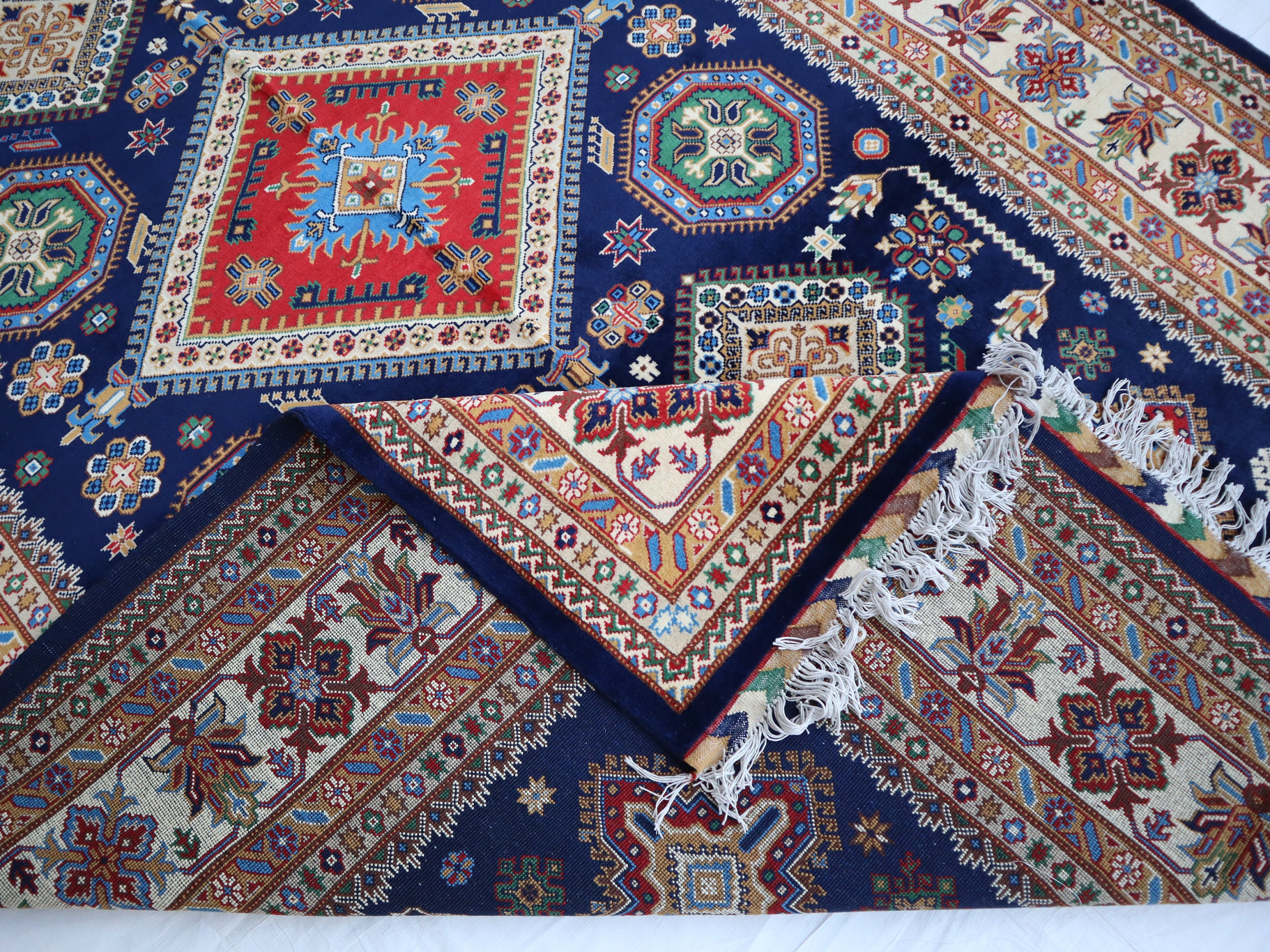 6x10 手織りカザフウールラグ、大きなブルーベージュアフガン幾何学