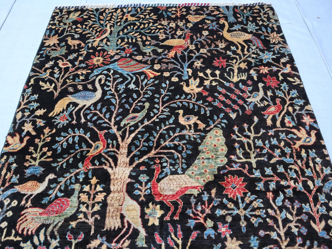 5x7 Peacock Bird Pictorial Rug, Tree of Life Black Pink Blue Afghan ...