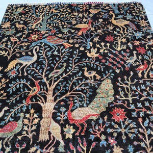 Alfombra pictórica de pavo real de 5x7, alfombra de lana colorida Chobi afgana con diseño de árbol de la vida, color negro, rosa y azul, para dormitorio infantil, regalo de guardería de 4x6