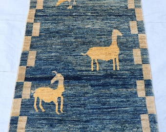Small Pictorial Gabbeh Rug, Afghan Turkmen Wool Rug, 2x4