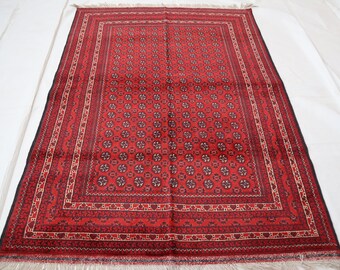 トルクメン ブハラ ラグ 4 x 7 フィート、手織りの赤いエリア ラグ