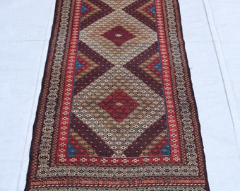 Alfombra de corredor afgano 2x7, Kilim vintage tribal hecho a mano, lindo geométrico, antiguo colorido, cocina a cuadros, alfombra de área texturizada de escalera de pasillo