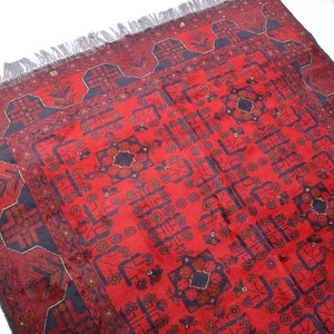 Afghan Bukhara rug 5x6, Oriental Turkmen Hand-Knotted Wool rug, Khal Mohammadi High Pile Soft Vintage Carpet, Tribal Rug, Red Blue Area rug