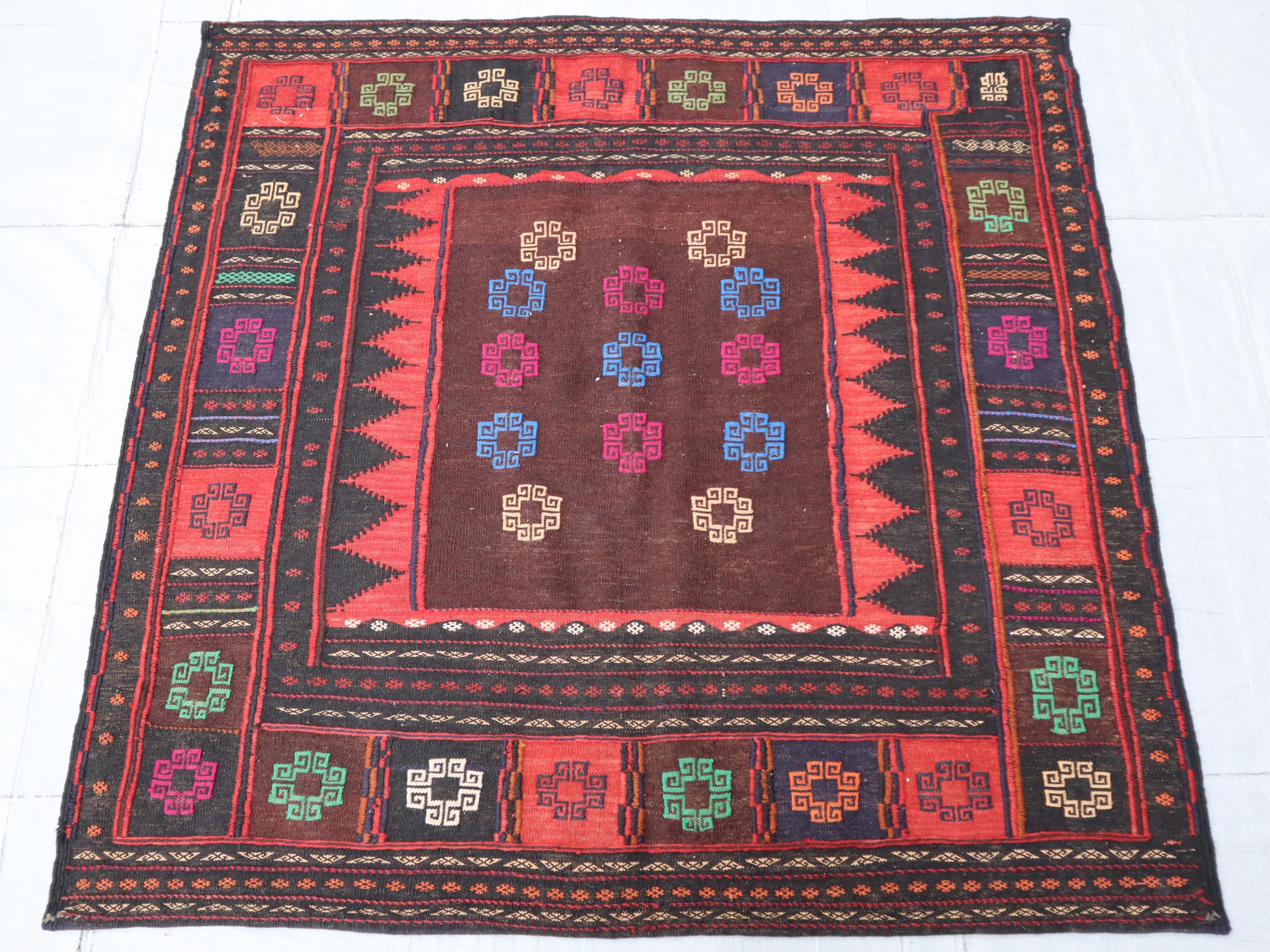 Vintage 4x4 Square Kilim Rug, Antique Afghan Hand Knotted Rug