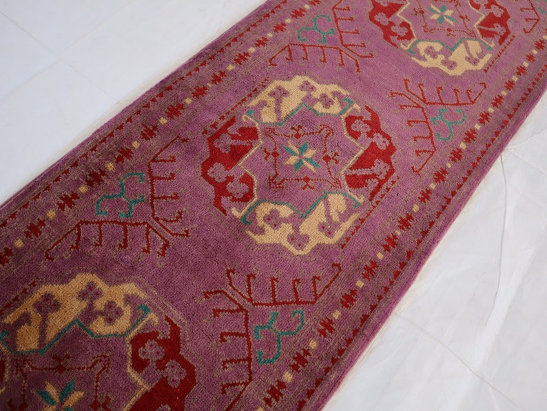 Purple 2x5 Afghan Bokhara runner rug, Handmade wool, Turkmen 5 ft Runner, Ersari Tribal Gift Rug, Oriental Floor, Kitchen, Hallway runner,