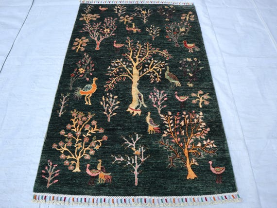 3x5 High-quality Afghan Pictorial Rug, emerald green rug, Tree Of Life Bird Wool Rug for Living Room Dining Table Bedroom kids room carpet