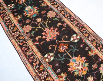 2x7 Afghan runner rug, Handmade Black Flower Rug, Turkish Oushak Soft Nature rug, Rugs for Living room Bedroom, Entryway, Hallway, Gifts