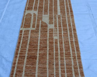Gabbeh Wool 2x9 handmade Runner Rug, Soft pile Terracotta Moroccan Afghan Abstract shaggy rug, brown beige Hallway rug, stair carpet runner