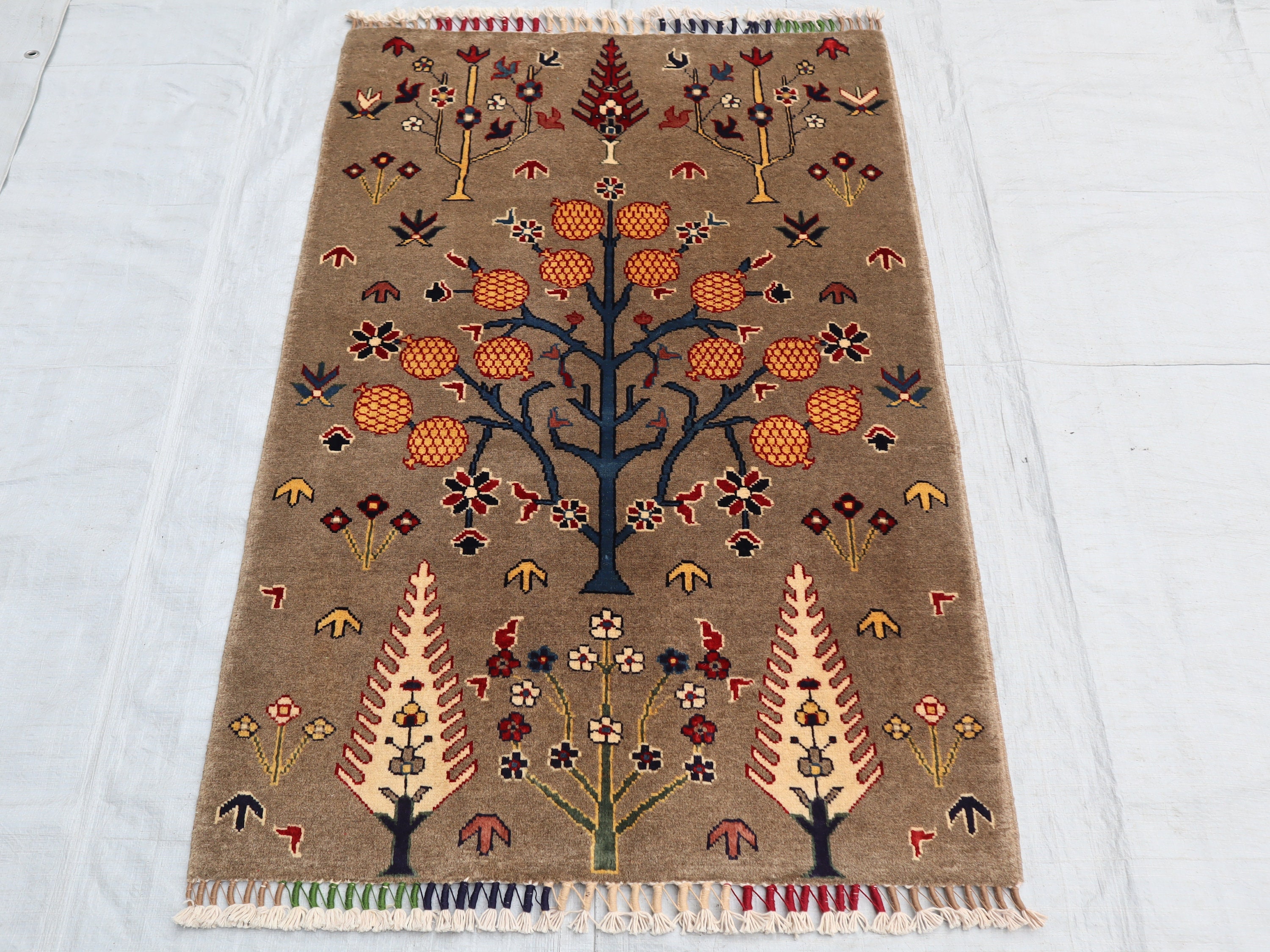 2'9x4'4 ft Tree Gabbeh Rug - Gray Tree of life Afghan Hand knotted wool Veg dyes small Area Rug, Rugs for Living room - 3x5 Bedroom wall rug
