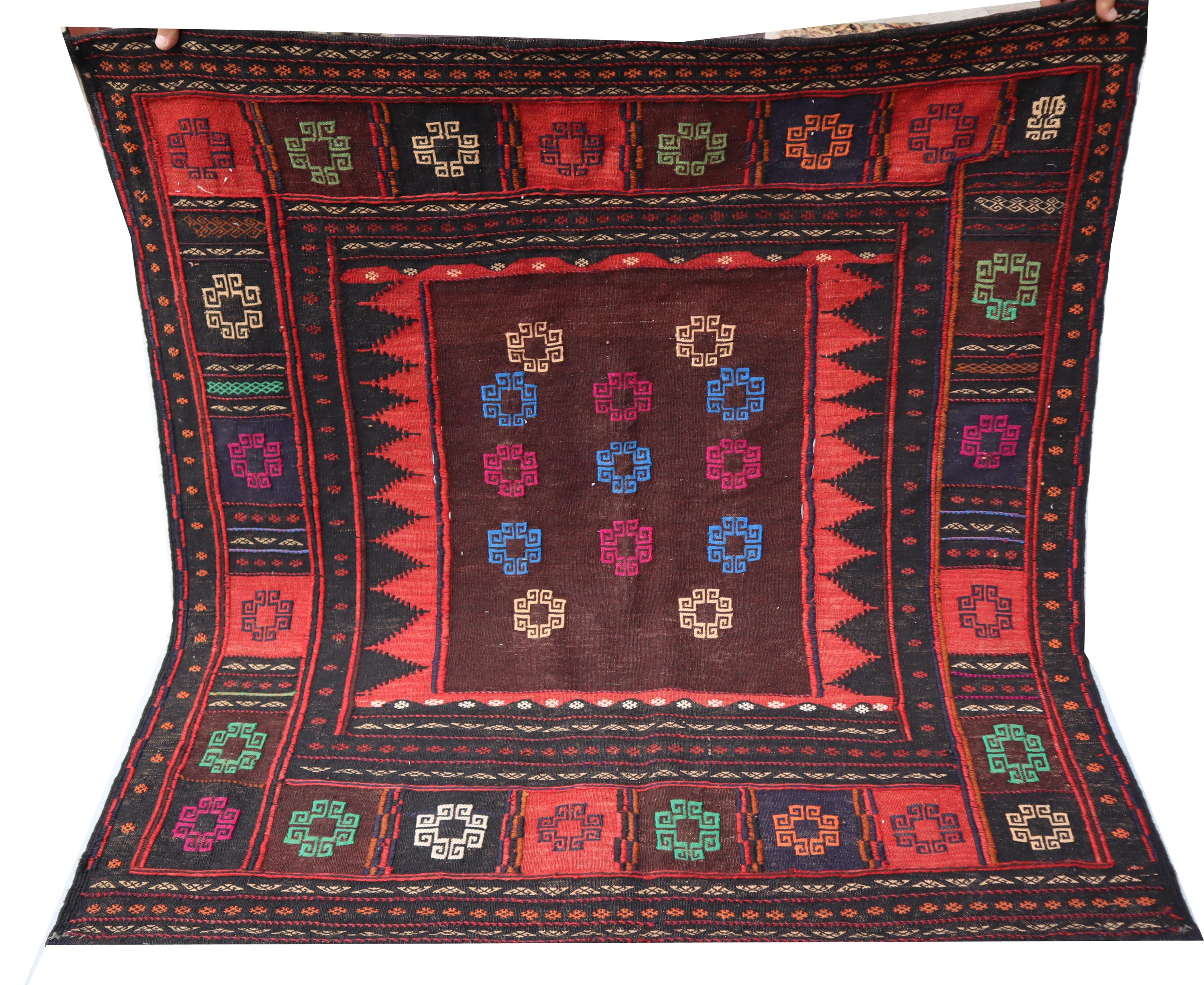 インテリア雑貨 Hand-woven Afghan Kilim Rug, 90 x 62 cm Vintage 4x4 Square Kilim Rug, Antique Afghan Hand Knotted Rug
