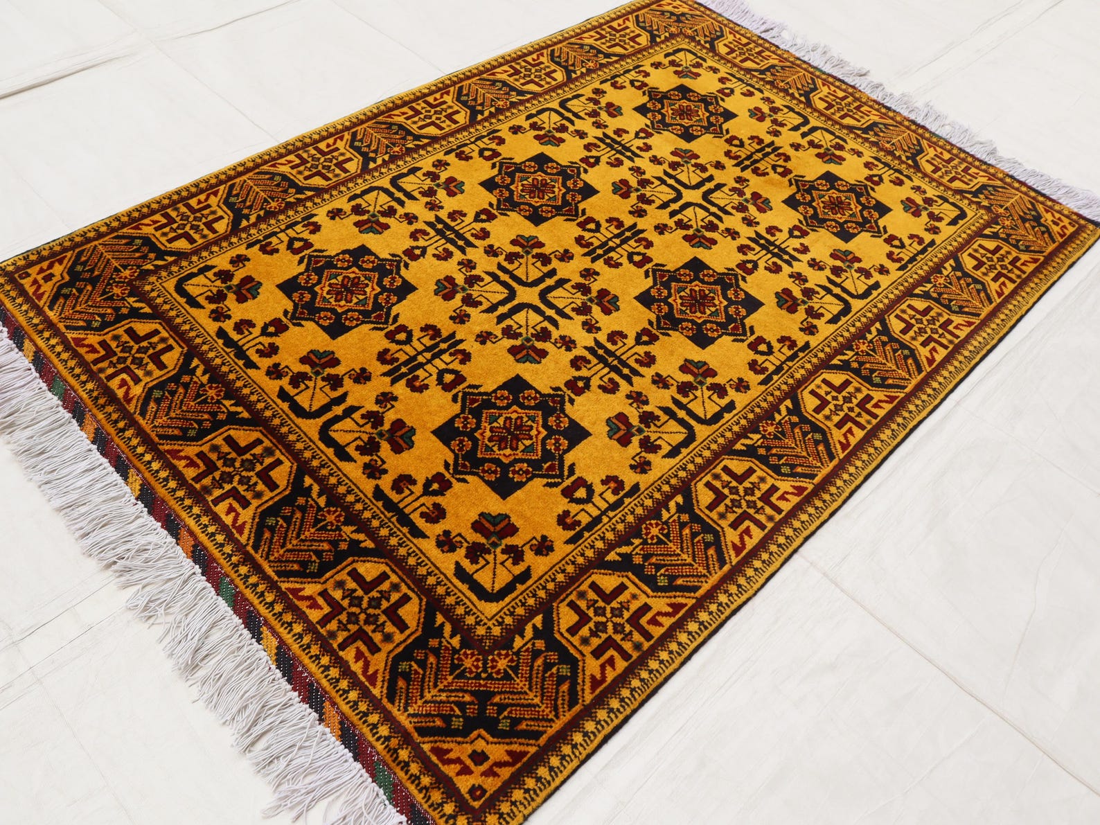 Butter Yellow 3x5 Afghan Bokhara Rug, Tribal Hand Knotted High Pile ...