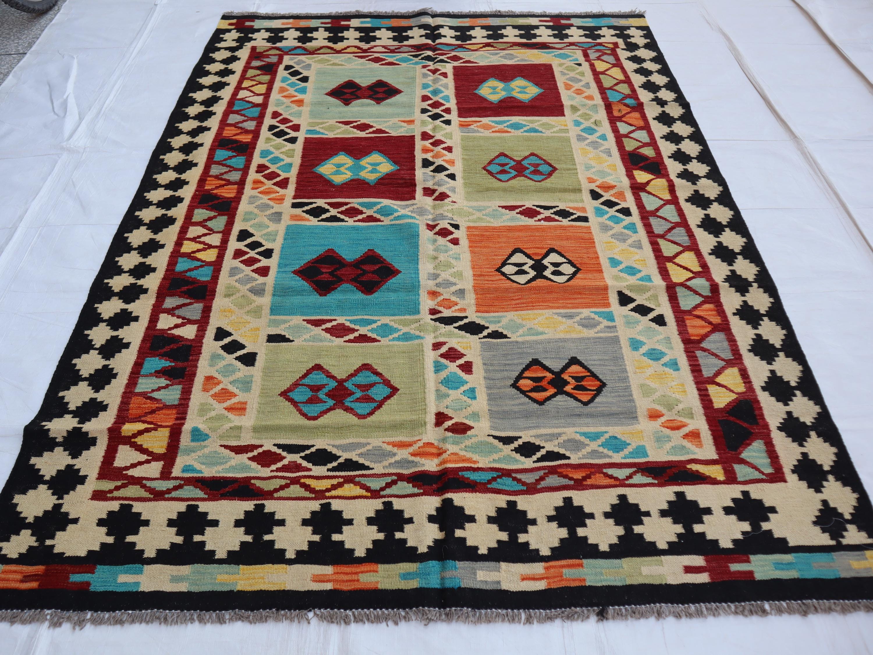 Handmade Afghan Kilim Rug 6x8: Geometric Flatweave Wool Rug - Etsy