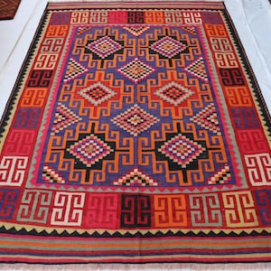 afghan kilim rug 7x10 , antique wool flatweave traditional kilim carpet, color stylish rug 8x10 feet 200x210 cm