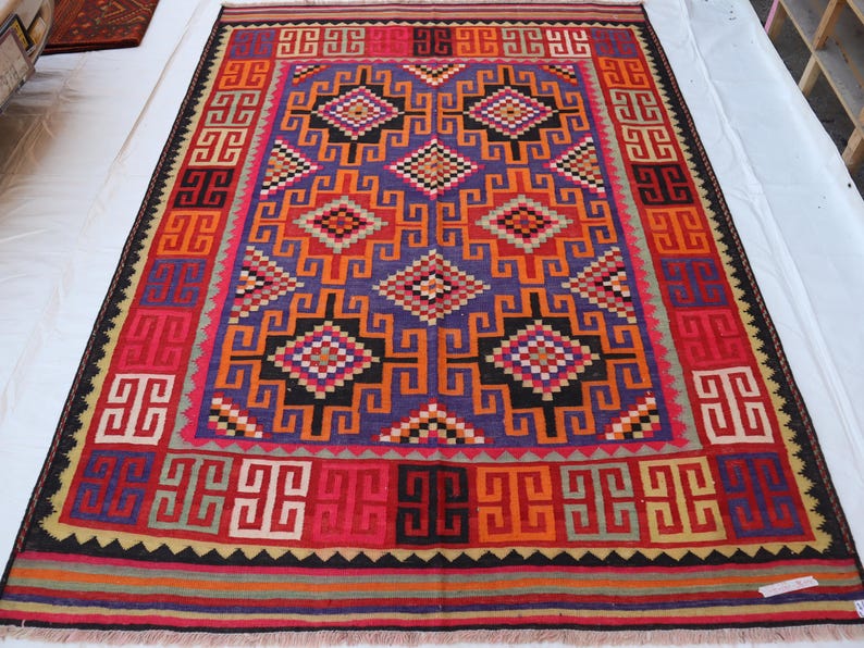 afghan kilim rug 7x10 , antique wool flatweave traditional kilim carpet, color stylish rug 8x10 feet 200x210 cm